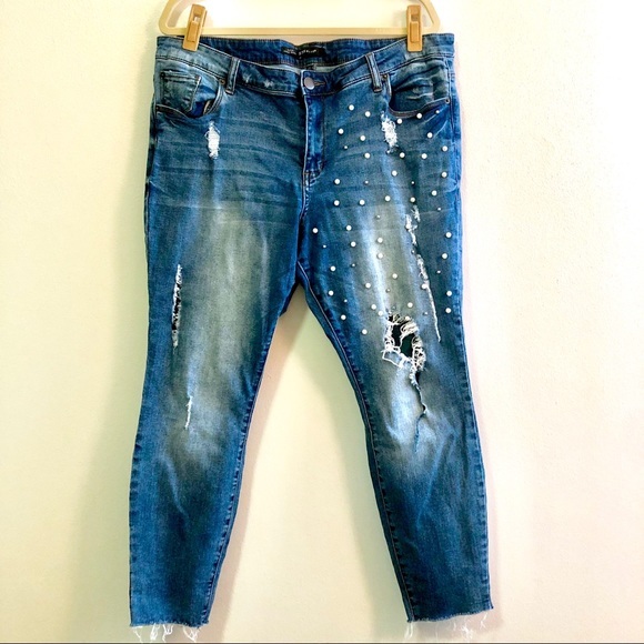 pearl embellished jeans plus size